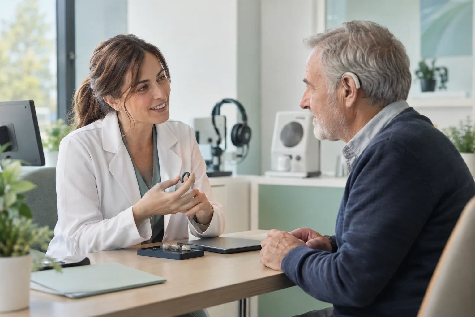 Conversación de asesoramiento auditivo en una consulta — imagen ilustrativa creada con IA