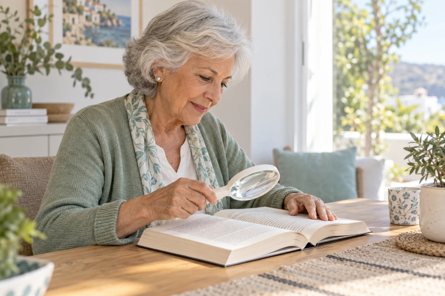 Mujer leyendo un libro con una lupa de aumento — imagen ilustrativa creada con IA