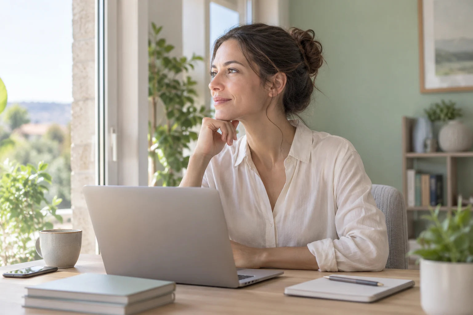 Mujer descansando la vista de la pantalla y mirando por la ventana — imagen ilustrativa creada con IA