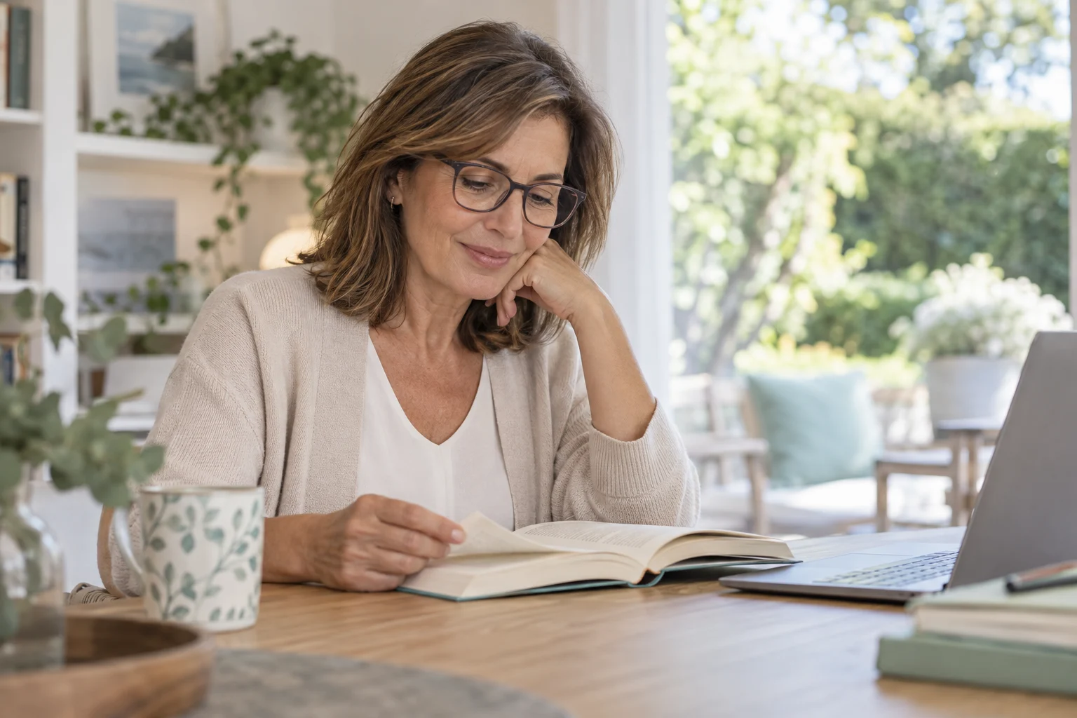 Mujer leyendo con gafas junto a un ordenador; imagen ilustrativa creada con IA.