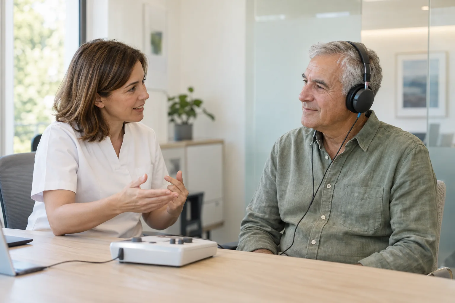 Profesional explicando una valoración auditiva a un hombre con auriculares; imagen ilustrativa creada con IA.