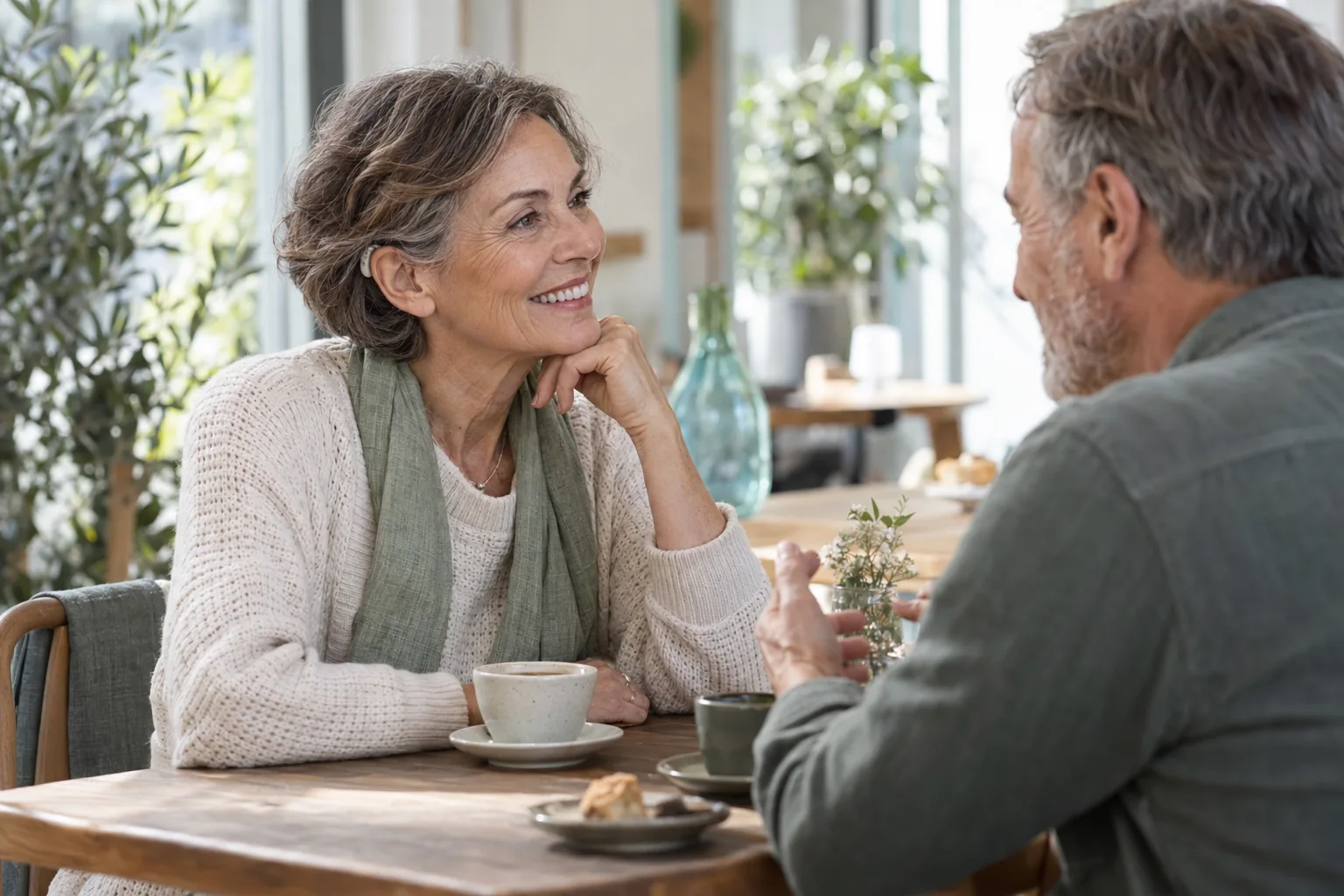 Mujer con un audífono discreto conversando en una cafetería; imagen ilustrativa creada con IA.
